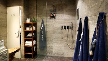 Hair dryer, towels, soap, shampoo