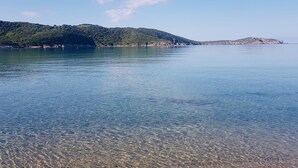 En klar vy över ett lugnt hav med en avlägsen kustlinje, omgivet av kullar.