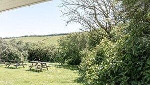 An outdoor area with picnic tables and lush greenery.
