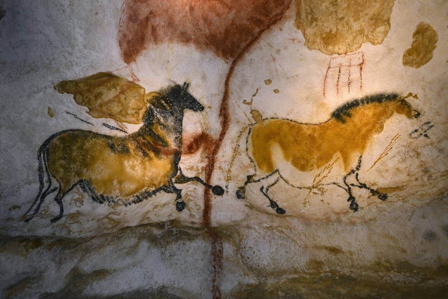 Pared de cueva con pinturas rupestres prehistóricas de caballos.