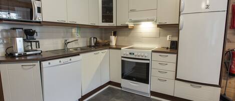 Fridge, microwave, dishwasher, cookware/dishes/utensils