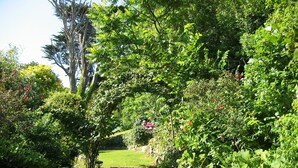 Un jardin luxuriant, avec une grande variété de plantes et d’arbres, un sentier en pierre et une pelouse bien entretenue.