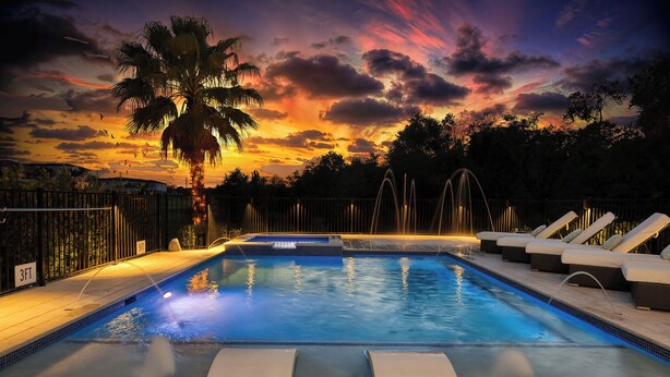 A swimming pool with lounge chairs and a palm tree, surrounded by a fence. - Modern Luxury Villa | 5BR, 5 Bath Luxe Home w/ Private Pool, Arcade, and Theater Near Disney (Kissimmee)