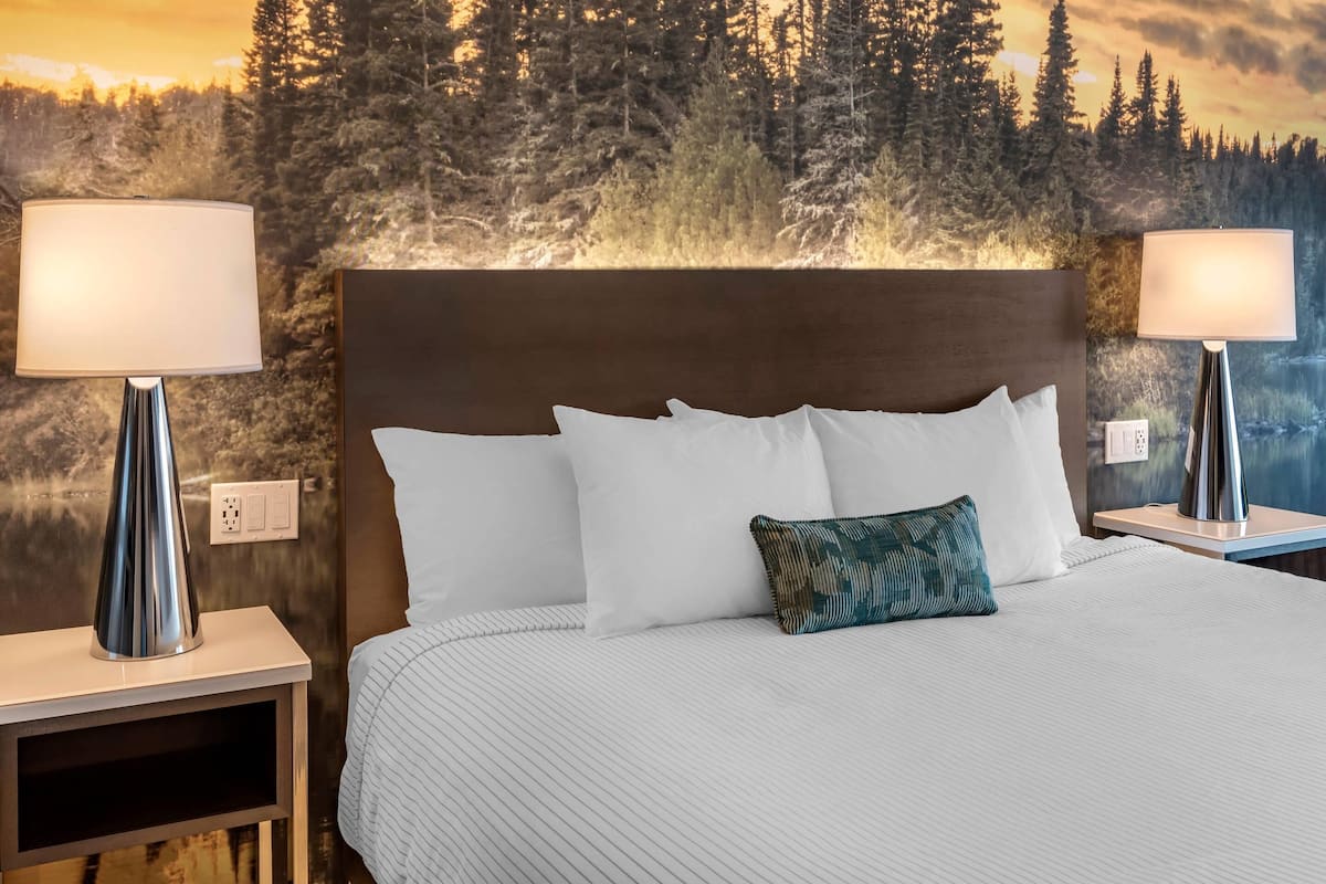 A neatly made bed with white linens and a single patterned pillow, flanked by two bedside lamps on matching nightstands.