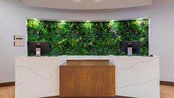 A reception desk with a green wall backdrop, two monitors, and a marble-patterned counter.