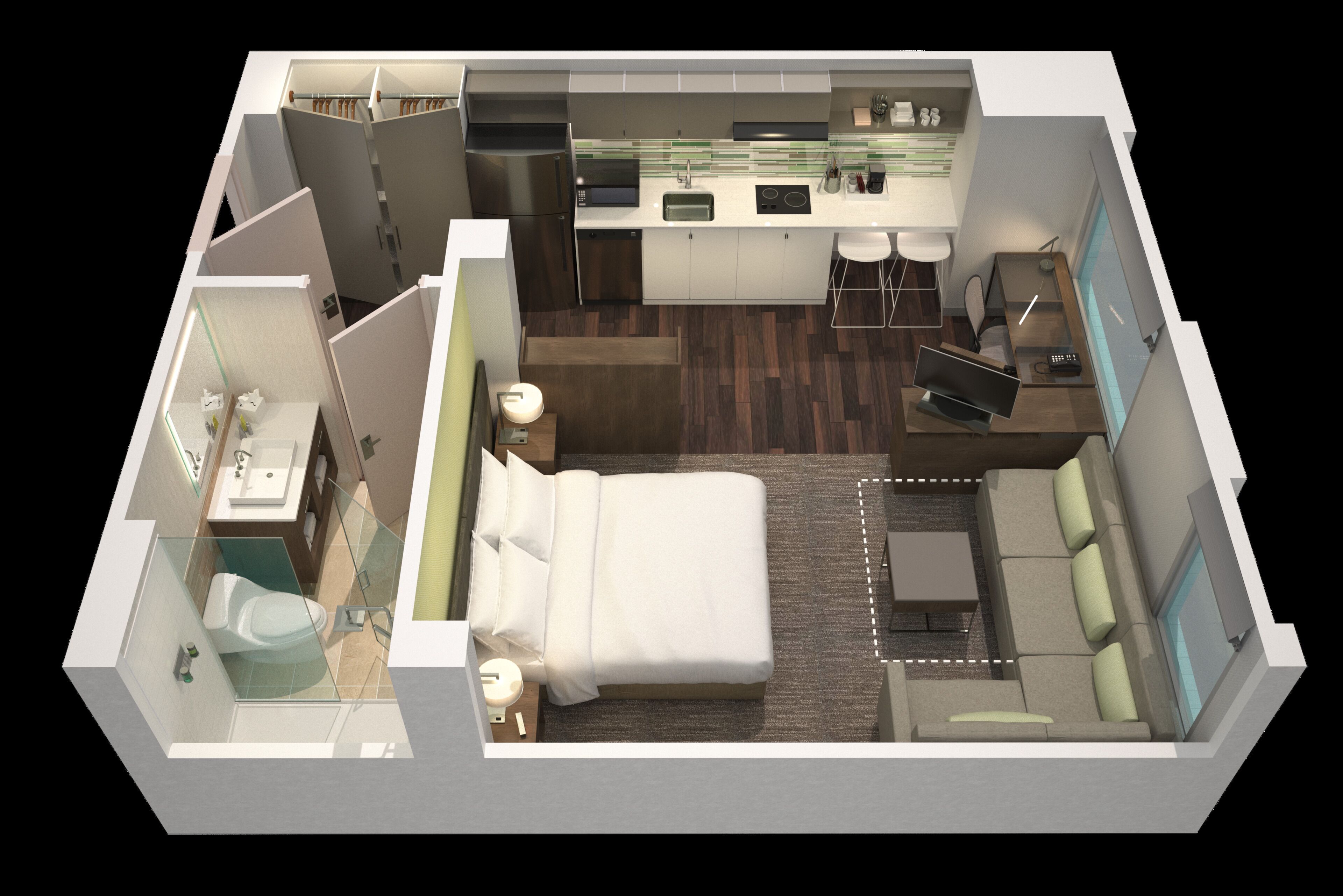 Una habitación de hotel moderna con una kitchenette separada, una cama grande, un área de descanso y un baño.
