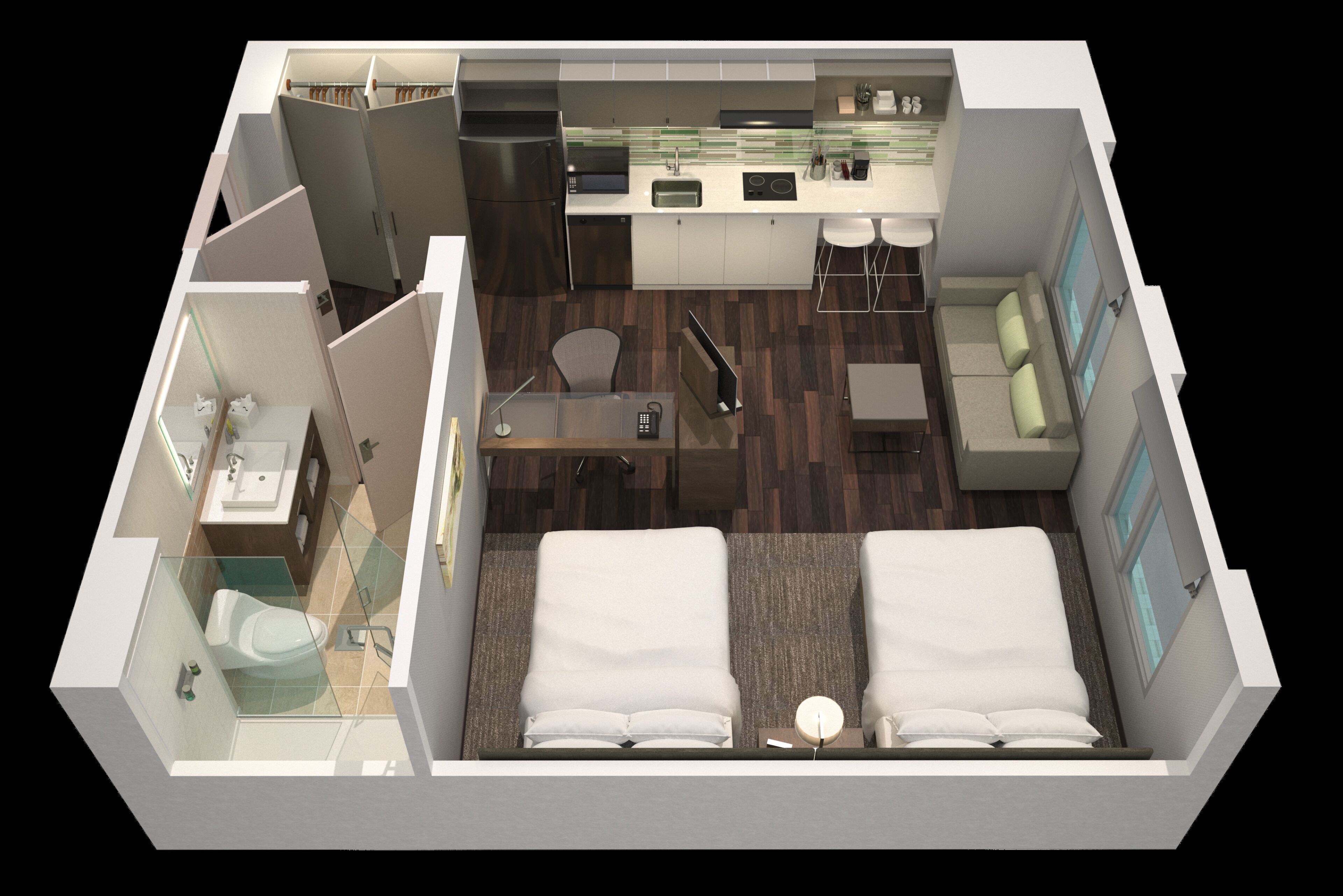 studio suite, multiple beds, kitchen | floor plan