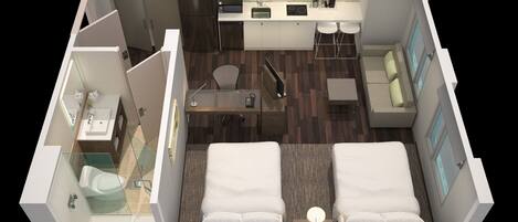 A modern hotel room with a kitchenette, a sitting area, two beds, and a bathroom.