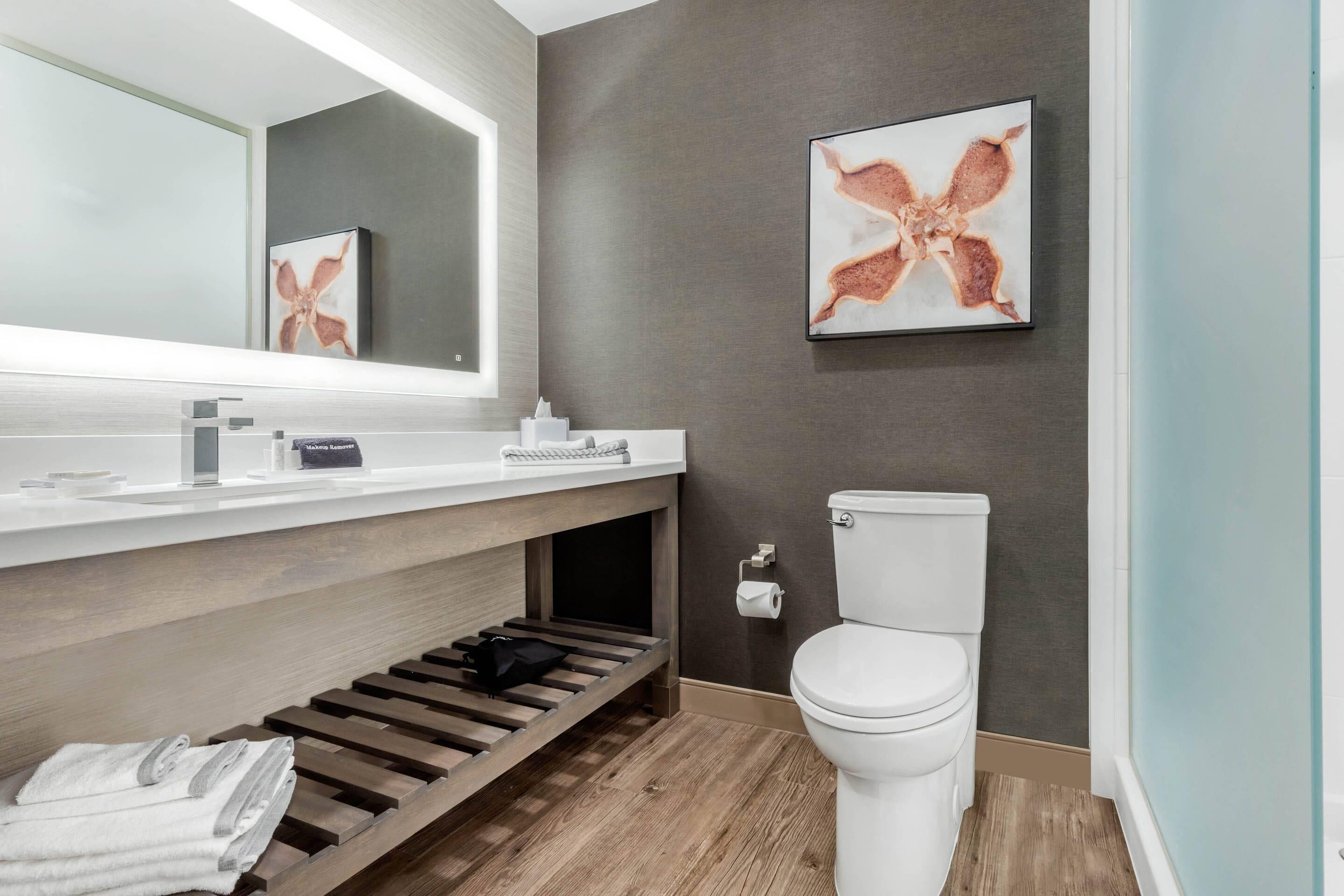 Une salle de bain moderne avec un meuble-lavabo en bois, des toilettes et un grand miroir.