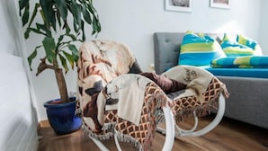 A room with a rocking chair, a potted plant, a grey sofa with colorful cushions, and a striped rug. - Apartment Stein by Interhome (Pians)