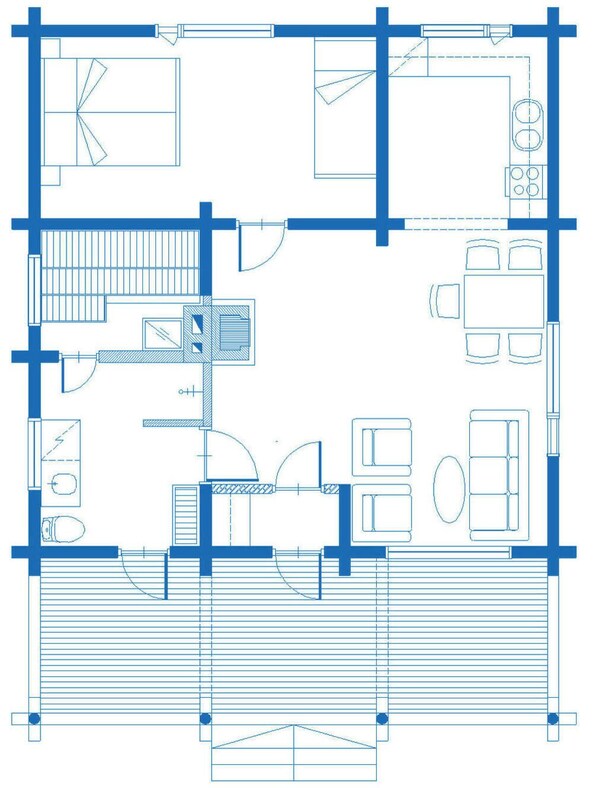 Ein Grundriss mit einer Küche, einem Essbereich und zwei Schlafzimmern.