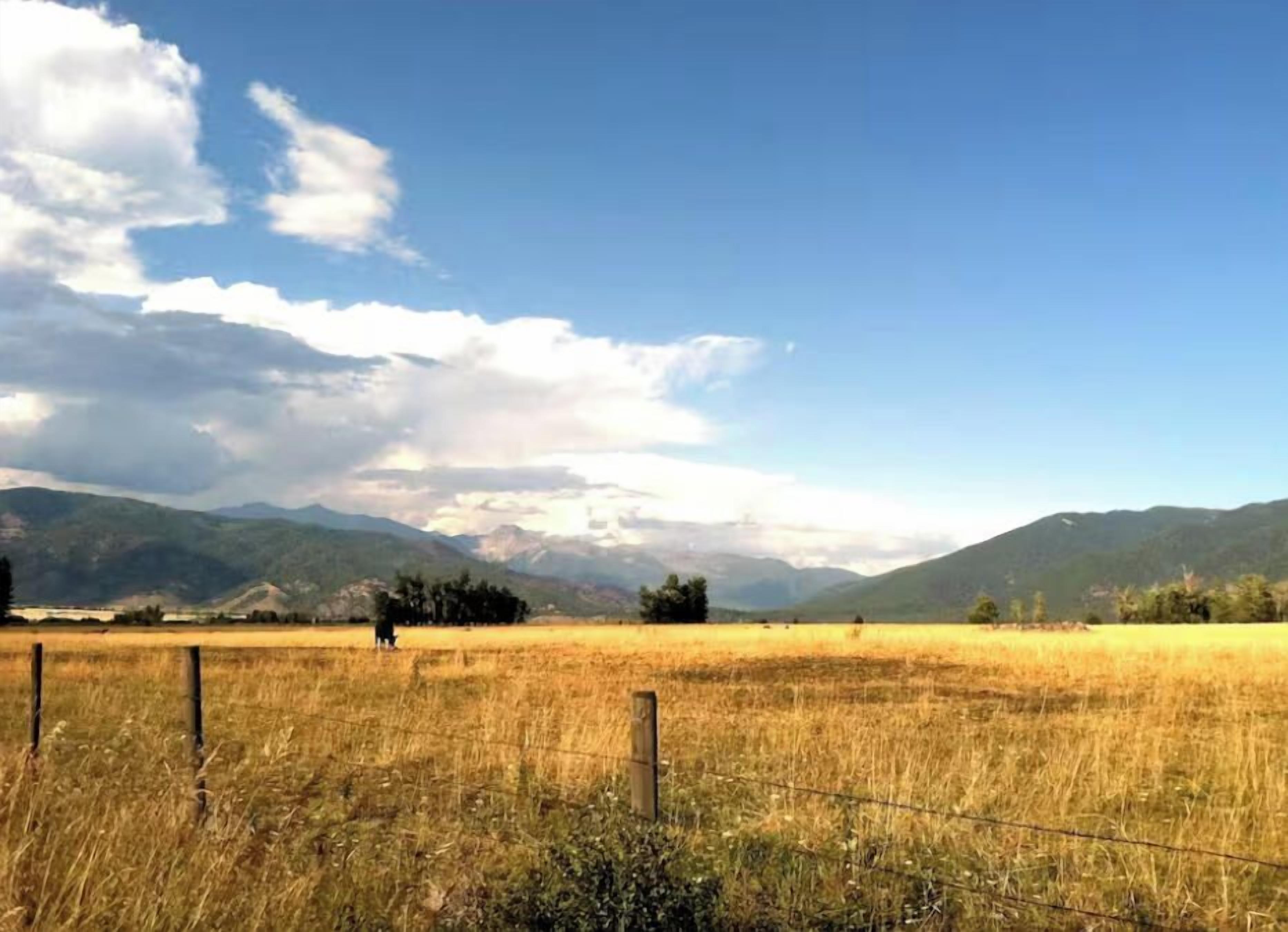 Ländliche Landschaft mit einem Feld, einem Zaun und fernen Bergen unter einer teils bewölkten Himmel.