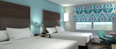 A hotel room with two beds, a desk, a chair, a window with a view, and a patterned wall.