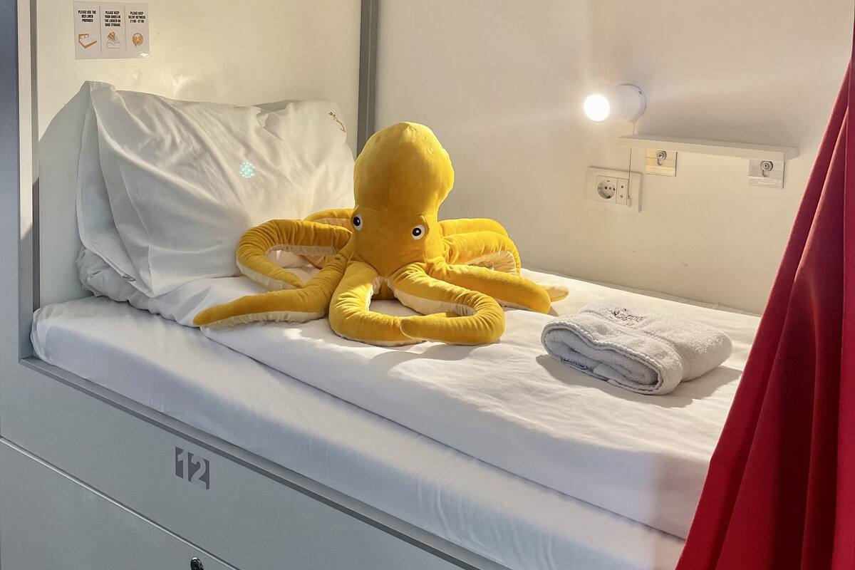 A bunk bed with a yellow plush octopus toy on the lower bunk.