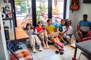 Fridge, microwave, toaster, cookware/dishes/utensils