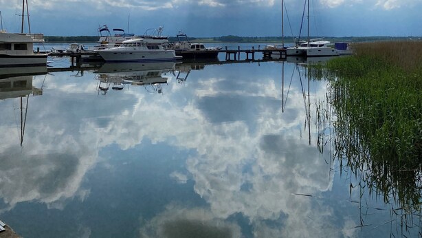 A marina with boats docked, calm water reflecting the sky, and a grassy area with reeds. - Holidays directly on the water with great additional services (Ziemitz)