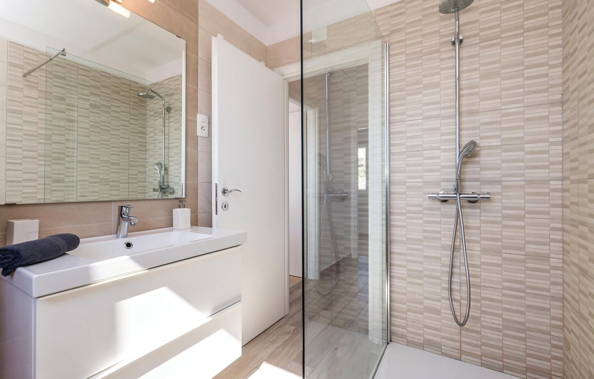 A modern bathroom with a glass shower enclosure, a white sink, and a large mirror.