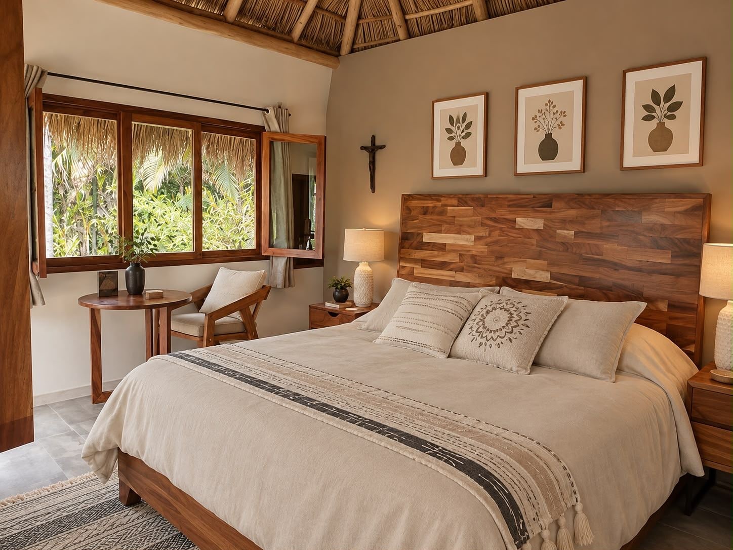 Un dormitorio con cama, mesitas de noche, una silla, una ventana con vista a la vegetación y cuadros en la pared.