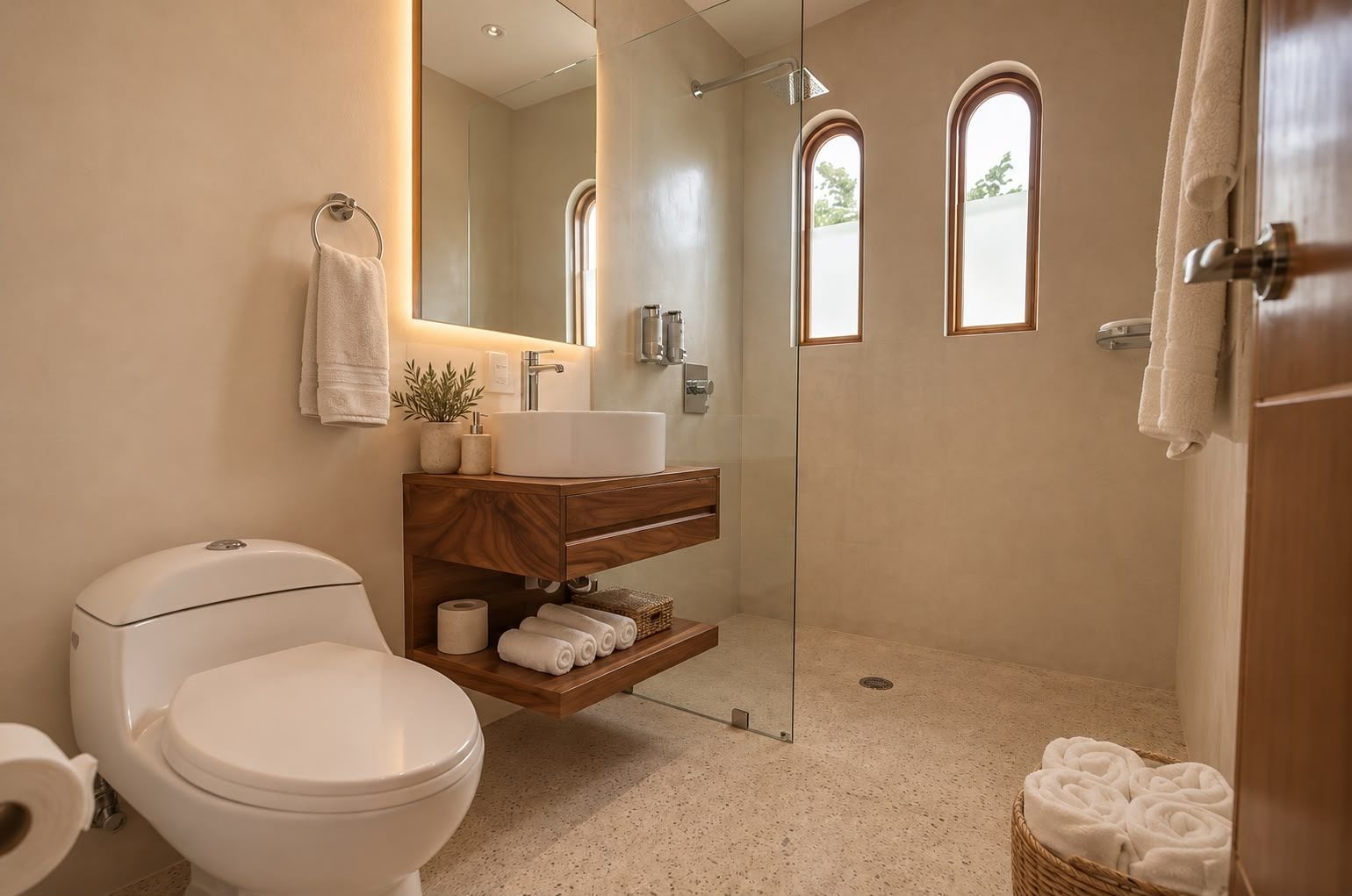 A modern bathroom with a glass-enclosed shower, a white toilet, a wooden vanity, and a large mirror.