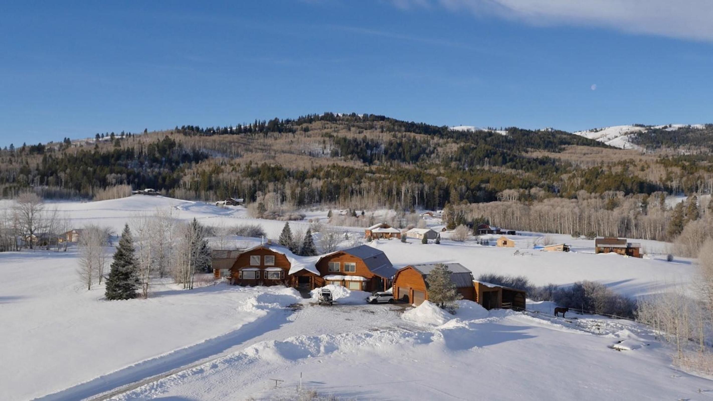 Un paysage enneigé avec plusieurs cabanes en bois et une grande maison.