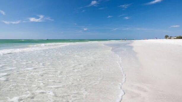 A beach with clear water and a wide sandy shore. - Beachy villa on Siesta Key with heated pool, screened in lanai, and ground level (Sarasota)
