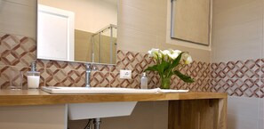 Shower, hair dryer, bidet, towels