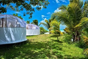 Bungalow Confort, 1 cama Queen size, baño privado, vista parcial al océano | Vista a la playa o el mar