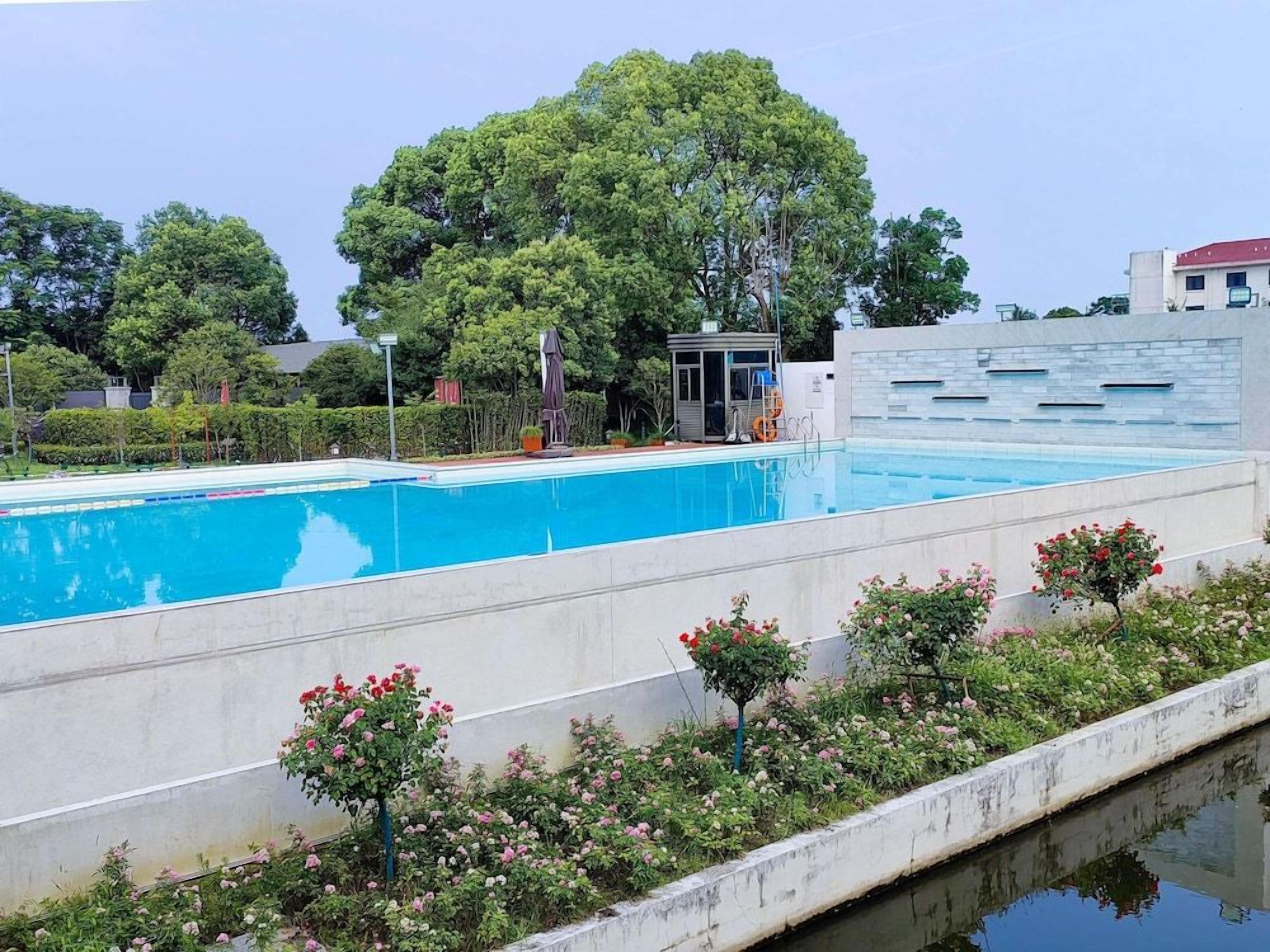 A swimming pool with a small structure, surrounded by greenery and a clear sky.