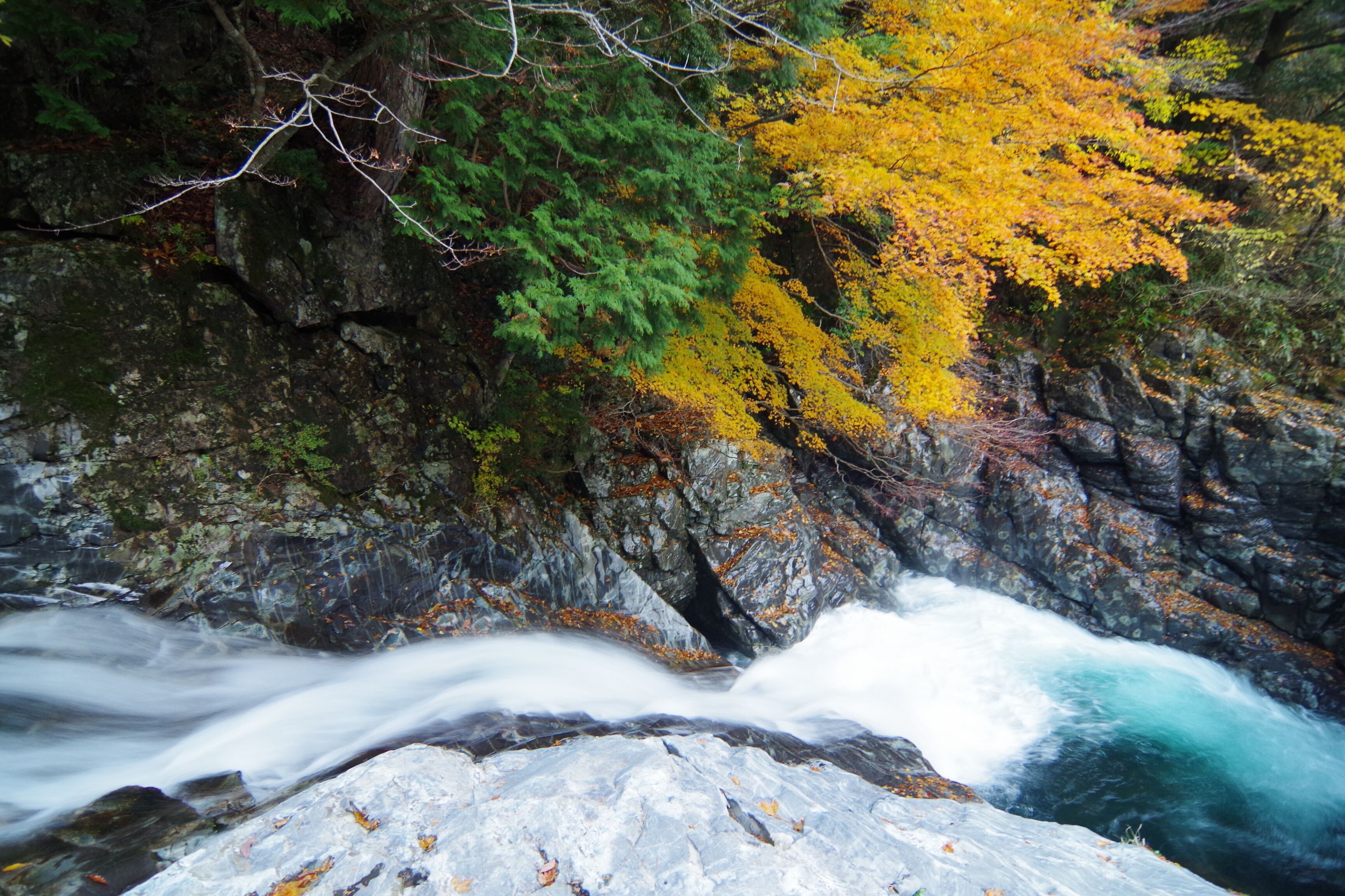 A river flowing through a rocky landscape with autumn foliage.