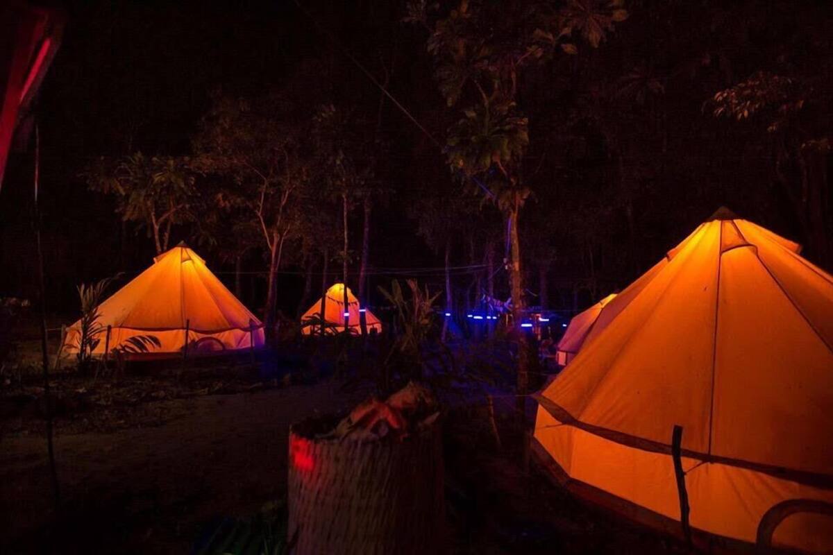 Three orange tents with a central structure, surrounded by trees and a dark sky.