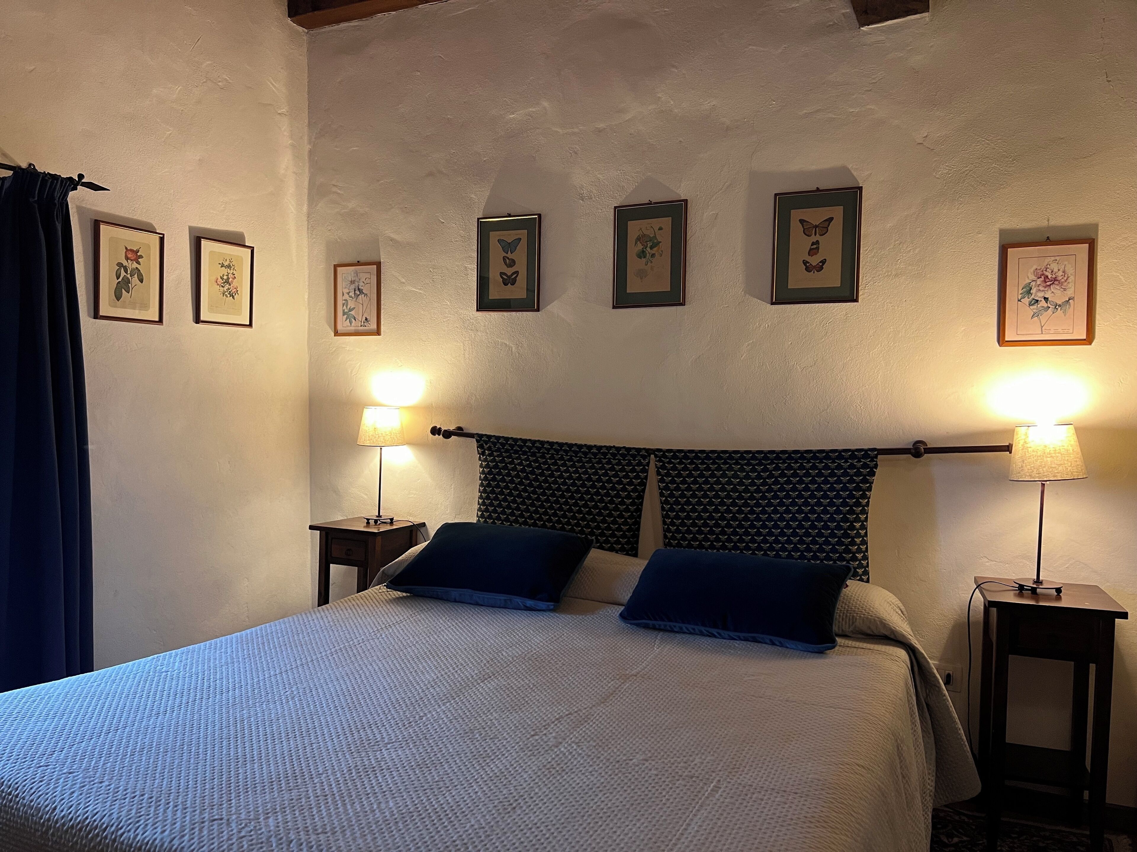 Un lit bien fait, agrémenté d’une tête de lit à motifs, de deux lampes de chevet et de gravures encadrées représentant des plantes, qui ornent le mur.