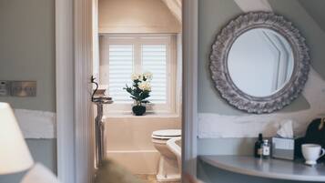 Combined shower/tub, hair dryer, towels, soap
