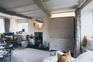 Smart-TV, Kamin, Bücher, Stereoanlage