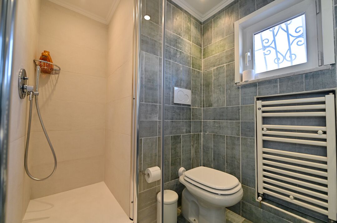 A bathroom with a glass-enclosed shower, a toilet, and a towel rack.