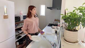 Una cocina con un lavamanos, estufa, microondas y una planta en maceta.