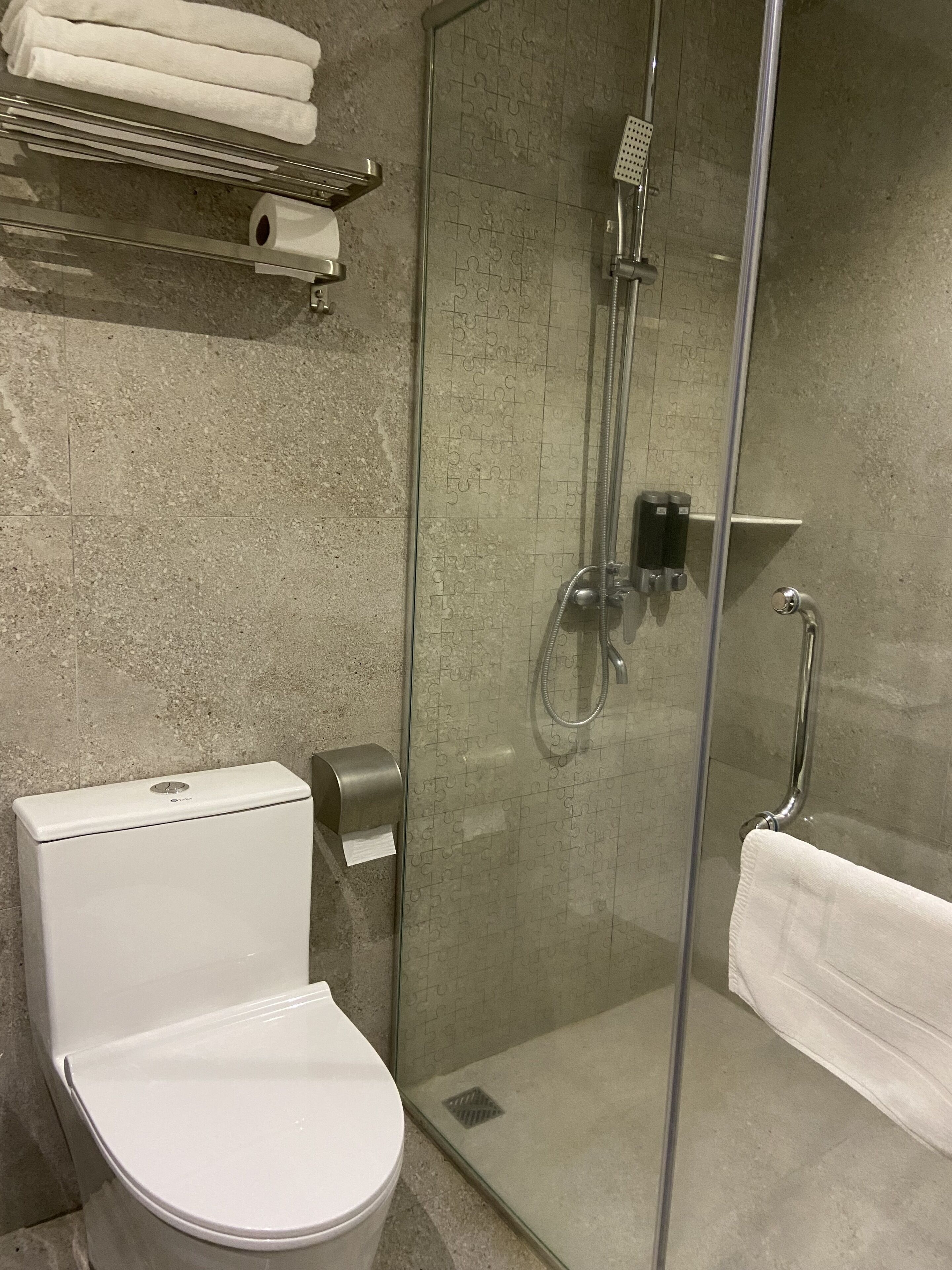 Un baño moderno con ducha de vidrio, inodoro y barra para toallas.