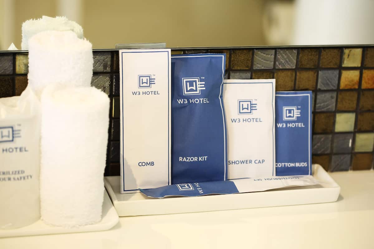 free toiletries, hair dryer, slippers, towels