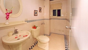 A bathroom with a sink, toilet, and shower. - Riverbank Cottage (Wujie)