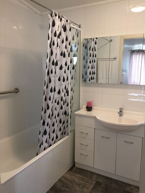Hair dryer, towels, soap, shampoo