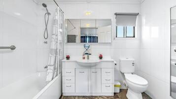 Hair dryer, towels, soap, shampoo