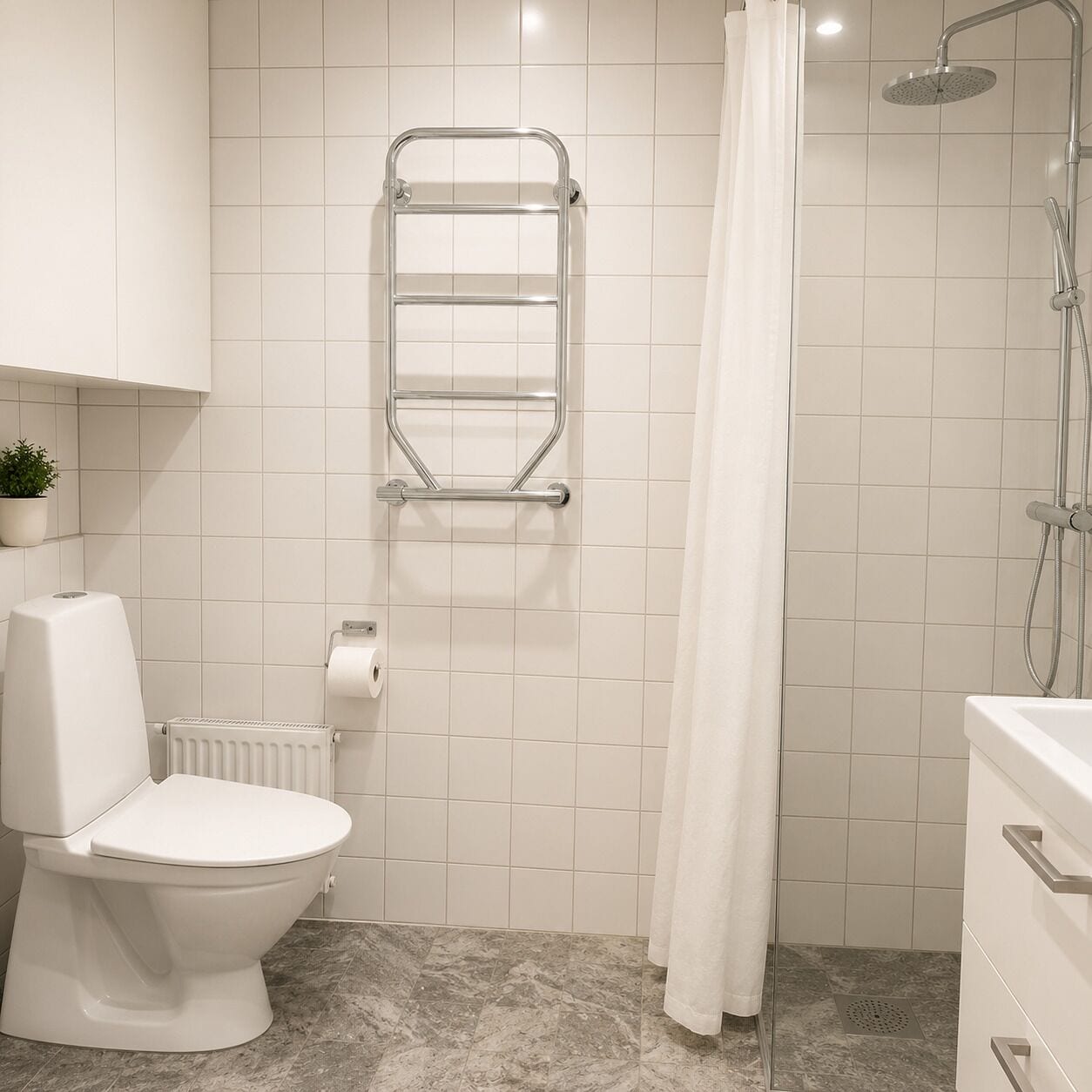 A bathroom with a toilet, a towel rack, a shower, and a radiator.