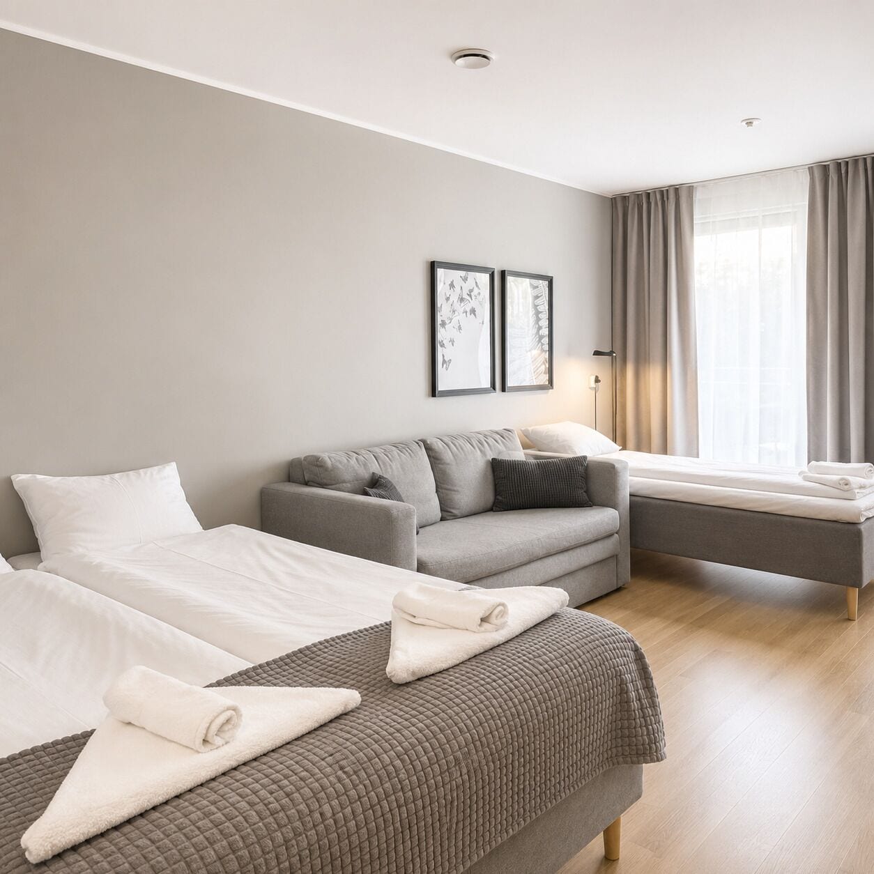 A hotel room with two beds, a sofa, a window with curtains, and two framed pictures on the wall.