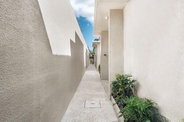 A narrow corridor with a concrete floor, white walls, and green plants on one side.
