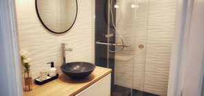 Shower, hair dryer, toilet paper