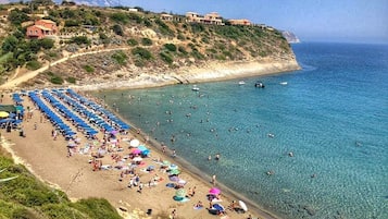 Playa en los alrededores, camastros, sombrillas y vóleibol de playa 