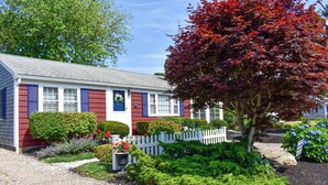 A single-story house with a red and white exterior, a white picket fence, and a well-maintained garden with various shrubs and a tree with red leaves. - Lovely 3 bedroom ranch home well maintained by owners (Dennis Port)