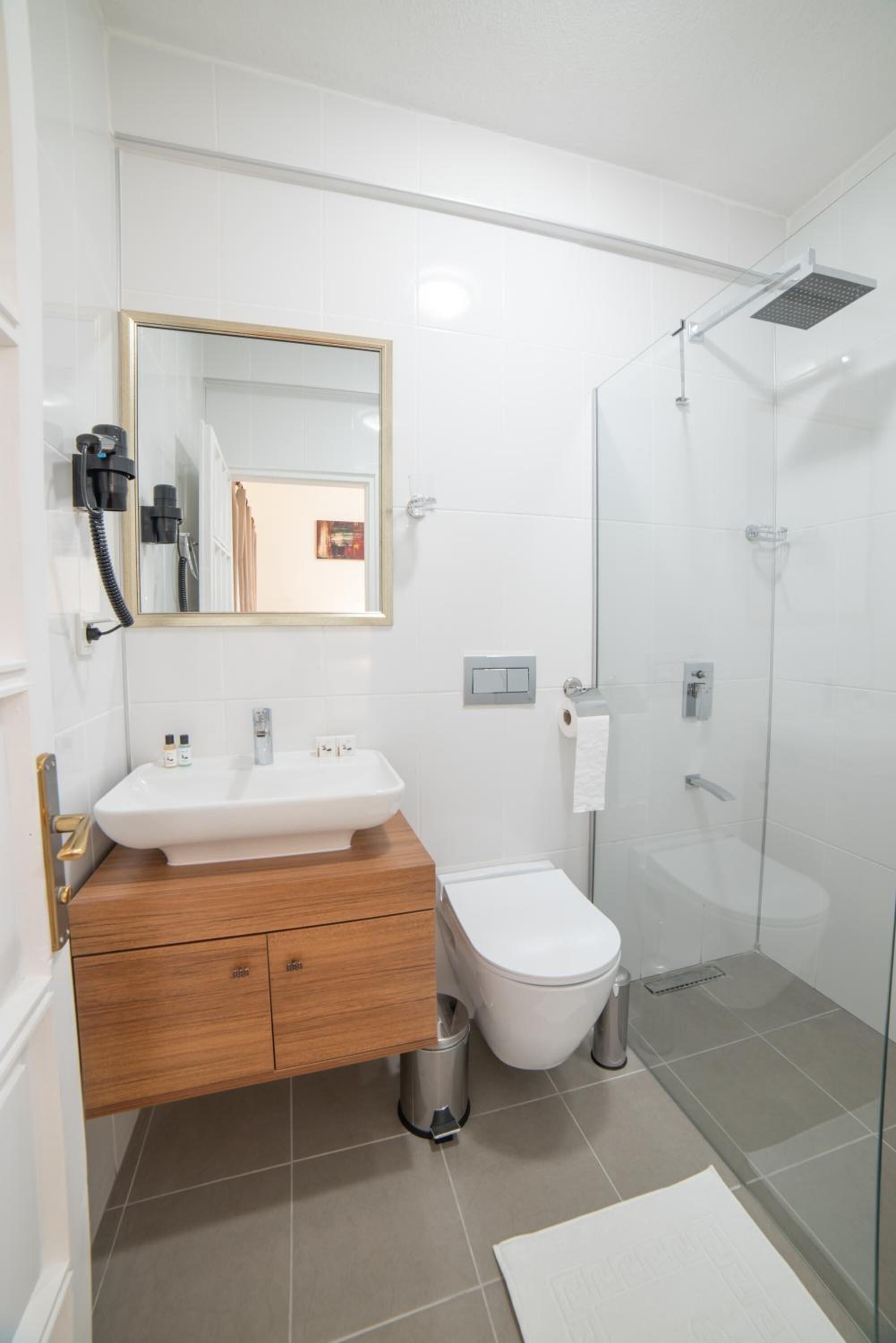 shower, free toiletries, hair dryer, slippers