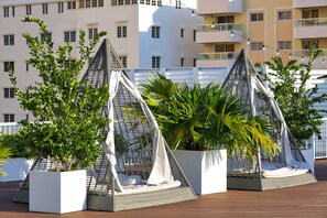 Una terrassa al terrat amb tres jardineres blanques, cadascuna amb un arbre petit i una cadira llibertat.