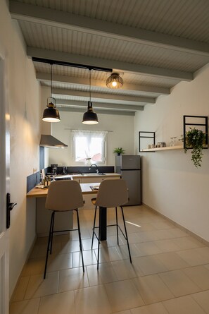 Apartamento, 1 quarto, vista para o mar | Cozinha privada | Geladeira grande, cooktop, máquina de café expresso, cafeteira/chaleira