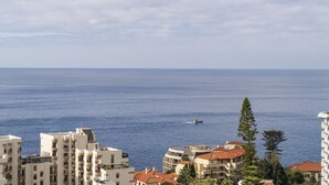 Un paysage urbain côtier avec de hauts immeubles, une vue dégagée sur la mer et un bateau à l’horizon.